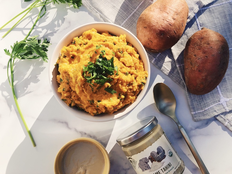 Savory Tahini Mashed Sweet Potatoes 