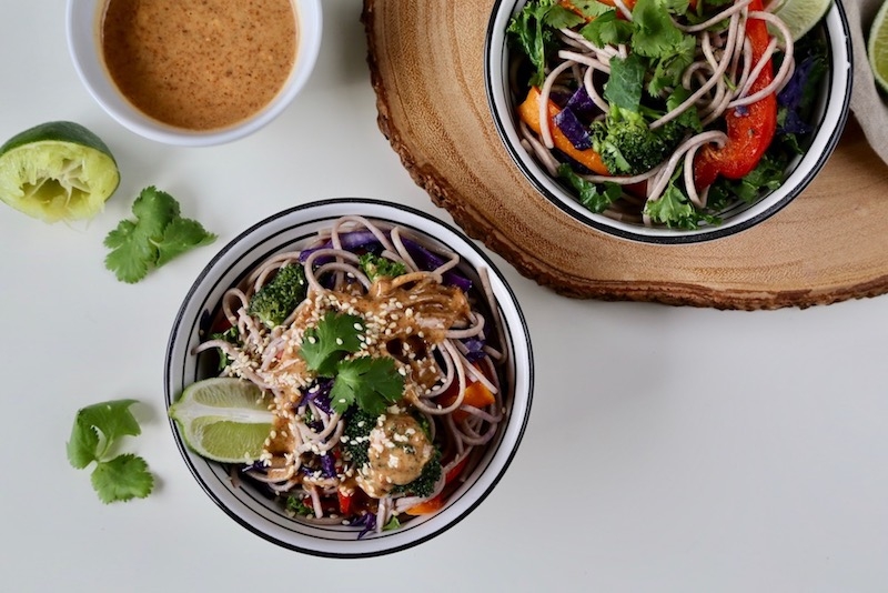 Buckwheat Soba Salad with Spicy-Sweet Chipotle Lime Sprouted Almond Sauce